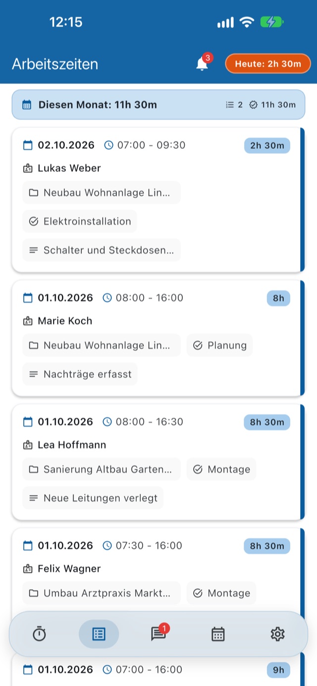 Working times list
